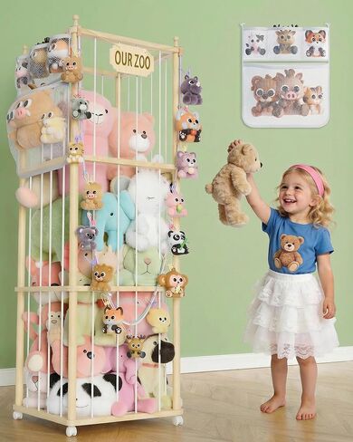 Stuffed Animal Storage, Wood Animals Plush Zoo Toy Toy Storage Holder, Large Capacity Toy Cage With Side Hanging Pouch & Clip Hook, Stuffed Animal Organizer for Playroom, Living Room, Bedroom 54 inch in Kuwait