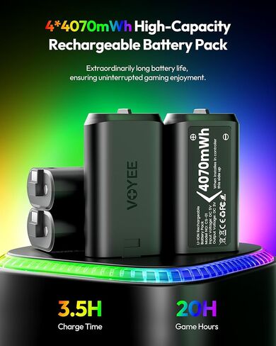 VOYEE Charger for Controller Battery Pack, 4x4070mWh High Capacity Rechargeable Pack with Fast Station, Led Seven Color Dazzling Light, Protective Shell One/S/X/Elite/Series X|S in Saudi Arabia