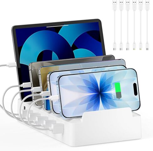 Charging Station for Multiple Devices, 6 Port Charger Stations with Flame-Retardant Material & 6 Cables for Apple, Android, iPad, Office Desk Charging Dock Organizer (Black) in Saudi Arabia