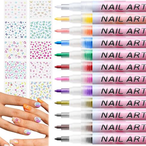 miikoul 12 Colors Nail Art Pens Set 0.7mm Art Graffiti Pen with 10PCS Nail Art Stickers 3D Nail Polish Paint Pens Quick Drying Waterproof Drawing Marker Pen for Nail Art Drawing and Salon DIY in Saudi Arabia