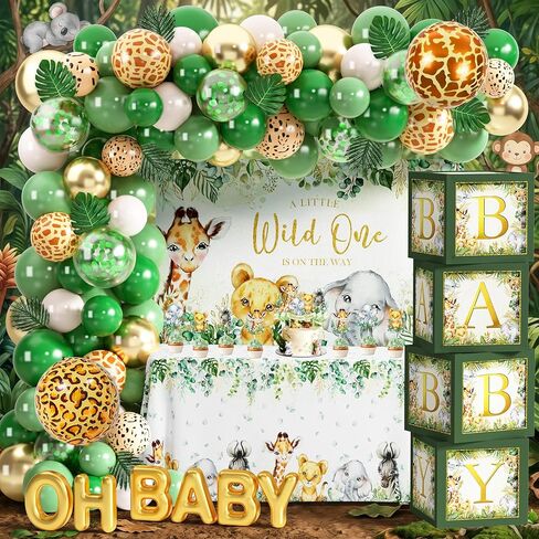 Safari Jungle Baby Shower Decorations for Boy Girl Wild One First Birthday Party Party Palloons Safari Garland Arch Kit Baby Boxes with Letters Wild One Backdrop Animal Tableoth (Green) in Kuwait