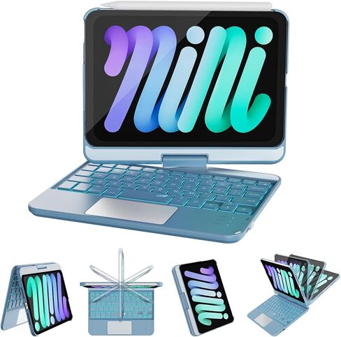 حافظة لجهاز iPad mini 7 (A17 Pro، 2024) وMini 6 (2021) مع لوحة مفاتيح، لوحة مفاتيح بإضاءة خلفية 7 ألوان مع لوحة تتبع، النوم/الاستيقاظ التلقائي، حافظة قابلة للدوران 360 درجة لجهاز iPad mini 7th Gen 8.3 بوصة، أسود in Kuwait