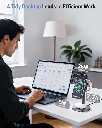 3 in 1 Wireless Charging Station, Qi2.2 25W Certified Fast Magnetic Charger, Mag-Safe Wireless Charger Stand with TEC Active Cooling, for iPhone17/16/15/14/13/12, Apple Watch/AirPods in Kuwait