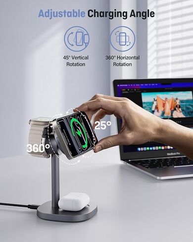 3 in 1 Wireless Charging Station, Qi2.2 25W Certified Fast Magnetic Charger, Mag-Safe Wireless Charger Stand with TEC Active Cooling, for iPhone17/16/15/14/13/12, Apple Watch/AirPods in Kuwait