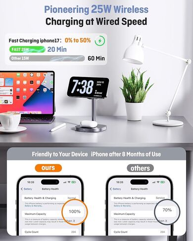 3 in 1 Wireless Charging Station, Qi2.2 25W Certified Fast Magnetic Charger, Mag-Safe Wireless Charger Stand with TEC Active Cooling, for iPhone17/16/15/14/13/12, Apple Watch/AirPods in Kuwait