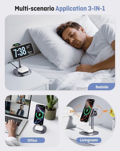 3 in 1 Wireless Charging Station, Qi2.2 25W Certified Fast Magnetic Charger, Mag-Safe Wireless Charger Stand with TEC Active Cooling, for iPhone17/16/15/14/13/12, Apple Watch/AirPods in Kuwait