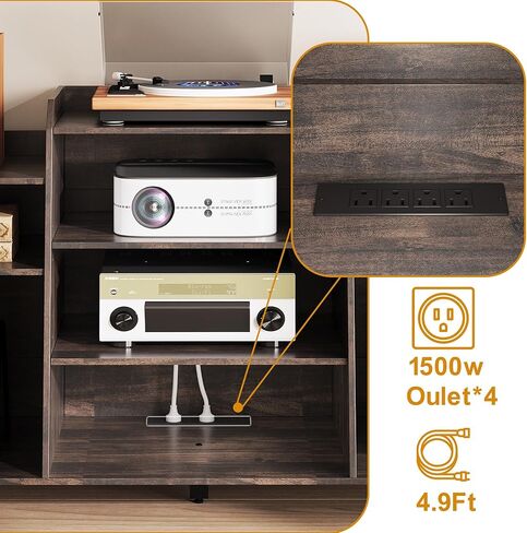 Rresyet 55" Record Player Stand with Charging Station, 4-Tier Vinyl Record Storage Cabinet with Divided Shelves, Adjustable Shelf，Large Capacity Storage for Music Room Living Room in Saudi Arabia