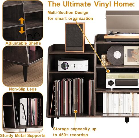 Rresyet 55" Record Player Stand with Charging Station, 4-Tier Vinyl Record Storage Cabinet with Divided Shelves, Adjustable Shelf，Large Capacity Storage for Music Room Living Room in Saudi Arabia