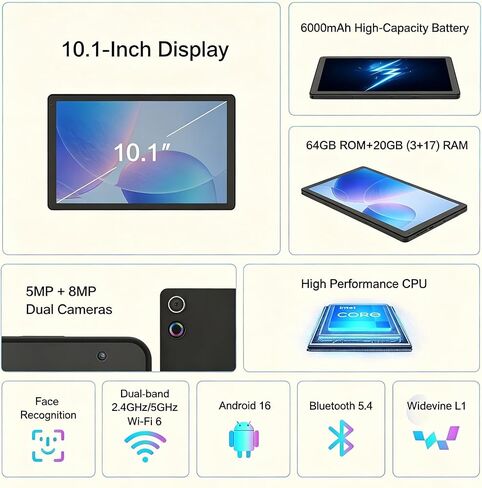 تابلت 10.1 بوصة يعمل بنظام Android 15 مع ذاكرة وصول عشوائي سعتها 20 جيجابايت وذاكرة قراءة فقط 64 جيجابايت ومساحة تخزين 1 تيرابايت in Kuwait