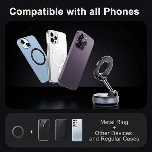 حامل هاتف سيارة مغناطيسي مفرغ، حامل سيارة Magsafe قابل للتعديل 360 درجة مع كوب شفط قوي لهواتف iPhone Android وجميع الهواتف الذكية، حامل هاتف مغناطيسي قابل للطي للسيارة/صالة الألعاب الرياضية/المرآة/سطح أملس in Kuwait