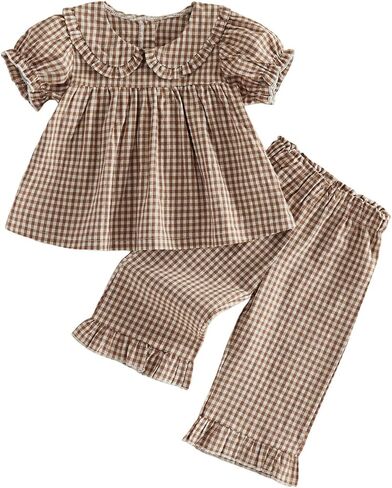 Toddler Girls Spring Outfit Peter Pan Collar Sleeveless Plaid Vest Tops Elastic Waist Pants Set Kids Summer Clothes in Saudi Arabia