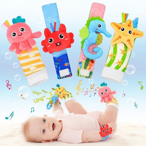 Newborn Baby Gifts Set 0-6-12 Months, Wrist Rattles and Foot Finder Socks with Hand Grip Rattle, Soft Sensory Toys for Babies Development, Infant Shower Gift Box for Boys Girls in Saudi Arabia
