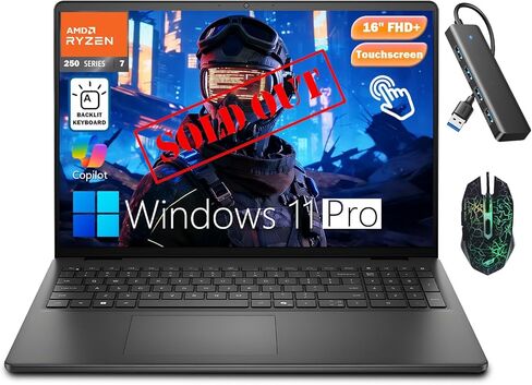 كمبيوتر محمول للأعمال بشاشة لمس 16 بوصة من DELL، 8 نوى AMD Ryzen 7 250 64 جيجابايت DDR5 RAM 4 تيرابايت SSD (Beat Core 7 150U، حتى 5.1 جيجا هرتز) لوحة مفاتيح بإضاءة خلفية، Wi-Fi6، AI Copilot، Windows 11 Pro، أسود كربوني in Kuwait
