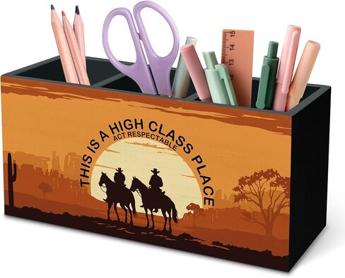 DILSJ Western Pen Pency Holder Organizer for Desk ، Decord Western Office Decord ، Country Southwestern Desert Cactus Landscape Wooden Box Signs for Home Bedroom Office مكتب ديكور. in Kuwait