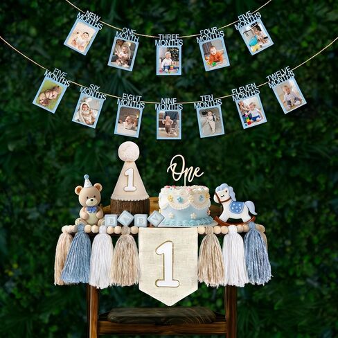 Blue Baby Boy First Birthday Decorations with 0-12 Month 1st Birthday Photo Banner ,Blue Hat, One Cake Topper and High Chair Tassel Banner 1st Decor in Saudi Arabia