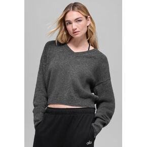 Alo Yoga Wool Cashmere Cropped New Class V-Neck Sweater - Platinum Grey in Kuwait
