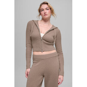 Alo Yoga Wool Cashmere Ribbed Noble Full Zip Hoodie - Chai Latte in Kuwait