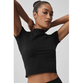 ألو يوجا بدون خياطة بياقة مدببة وأكمام قصيرة - أسود in Kuwait