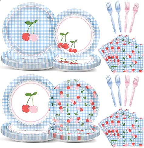 96pcs زخارف حفلة عيد ميلاد الكرز لوحات الكرز والمناديل الزرقاء غينغهام كرز لوحات ورق الكرز في الأعلى أدوات المائدة المتاحة للاستحمام الطفل دش دش اللوازم in Kuwait