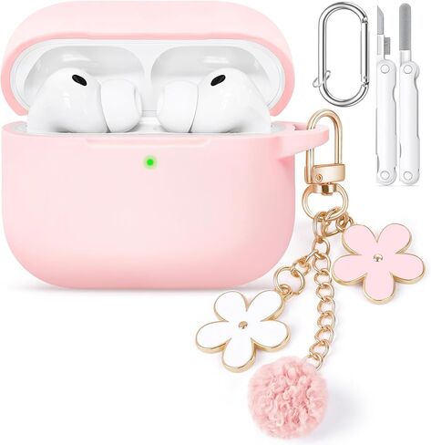 for AirPods 4 Case Cover, Soft Pink Silicone Protective Shell Compatible with Apple AirPods 4th Generation Case for Women Girly, iPod 4 Case with Flower Chain,Keychain and Cleaner Kit - Pink in Saudi Arabia