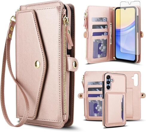 حافظة هاتف Asuwish لهاتف Samsung Galaxy A15 5G/4G غطاء محفظة متوافق مع واقي شاشة Magsafe RFID وحزام حبل وحزام قلاب وفتحة وسحاب ومحفظة خلوية A 15 G5 15A أحمر in Kuwait