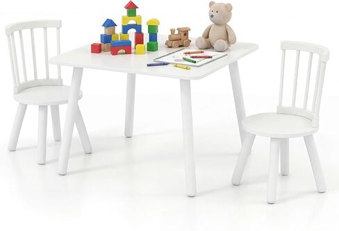Costzon Kids Table and Chairs, Wooden 3 PCS Children Desk Set w/Pine Wood Frame, Curved Backrest & Round Seats for Playing Learning Eating, Toddler Table and Chair Set (23.5" x 23.5" x 17",Natural) in Saudi Arabia
