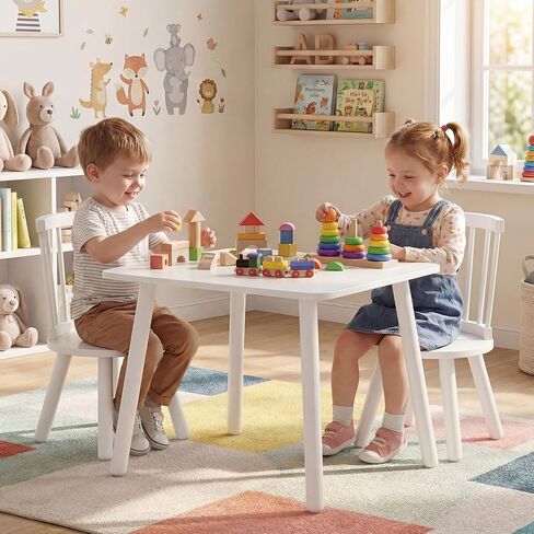 Costzon Kids Table and Chairs, Wooden 3 PCS Children Desk Set w/Pine Wood Frame, Curved Backrest & Round Seats for Playing Learning Eating, Toddler Table and Chair Set (23.5" x 23.5" x 17",Natural) in Saudi Arabia