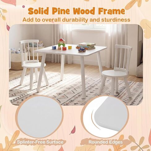 Costzon Kids Table and Chairs, Wooden 3 PCS Children Desk Set w/Pine Wood Frame, Curved Backrest & Round Seats for Playing Learning Eating, Toddler Table and Chair Set (23.5" x 23.5" x 17",Natural) in Saudi Arabia