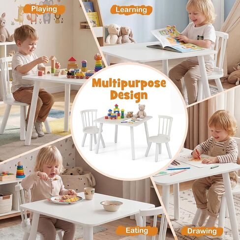 Costzon Kids Table and Chairs, Wooden 3 PCS Children Desk Set w/Pine Wood Frame, Curved Backrest & Round Seats for Playing Learning Eating, Toddler Table and Chair Set (23.5" x 23.5" x 17",Natural) in Saudi Arabia