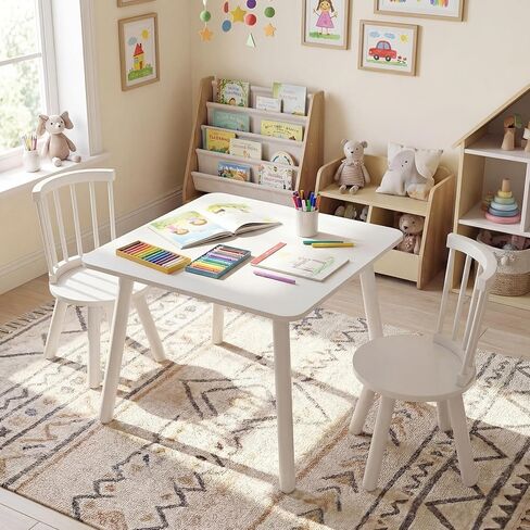 Costzon Kids Table and Chairs, Wooden 3 PCS Children Desk Set w/Pine Wood Frame, Curved Backrest & Round Seats for Playing Learning Eating, Toddler Table and Chair Set (23.5" x 23.5" x 17",Natural) in Saudi Arabia