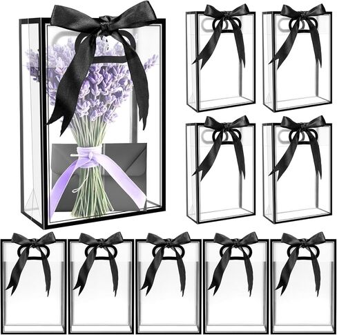 Badenbach 20 PCS أكياس هدايا واضحة مع مقابض قطع يموت ، 7 "× 10" x3.2 "قابلة لإعادة الاستخدام الحفلة الشفافة تفضيل الحقائب مع الشريط ، حقيبة التغليف هدية واضحة لحفل الزفاف العزف عيد ميلاد عيد ميلاد هالوين (أبيض) in Kuwait