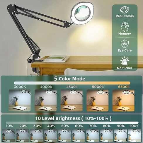 10x مكبرة الزجاج مع الضوء والمشبك ، 5 أوضاع ملونة متدحرجة قابلة لل dimmable 2 في 1 مع مصباح مكتب LED ، واليدين خالية in Kuwait