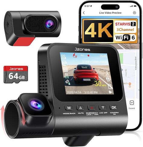 Dash Cam Front and Rear, 4K+1080P+1080P 3 Channel Dash Camera for Cars, STARVIS 2 Sensor Dash Camera with HDR Night Vision, 24H Parking Mode Car Camera with GPS, Free 64GB Card in Saudi Arabia