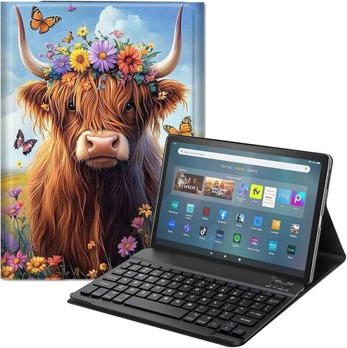 حافظة لوحة المفاتيح لجهاز Fire HD 10/10 Plus Tablet (الجيل الثالث عشر/الحادي عشر، إصدار 2023/2021، 10.1 بوصة) - غطاء حامل من جلد البولي يوريثان، لوحة مفاتيح بلوتوث قابلة للفصل، تصميم بقرة هايلاند لطيف واقٍ in Kuwait