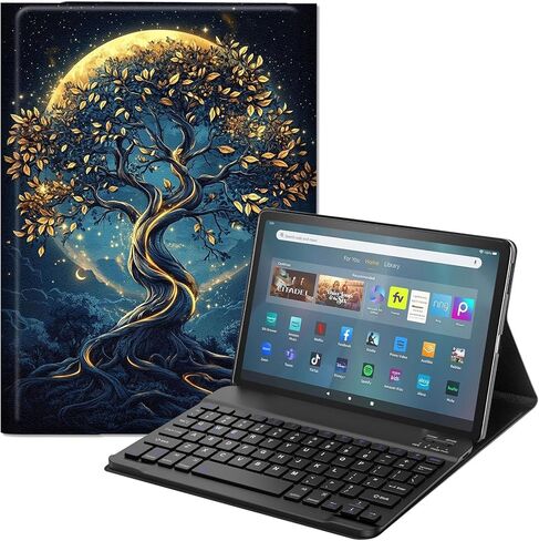 حافظة لوحة المفاتيح لجهاز Fire HD 10/10 Plus Tablet (الجيل الثالث عشر/الحادي عشر، إصدار 2023/2021، 10.1 بوصة) - غطاء حامل من جلد البولي يوريثان، لوحة مفاتيح بلوتوث قابلة للفصل، تصميم بقرة هايلاند لطيف واقٍ in Kuwait