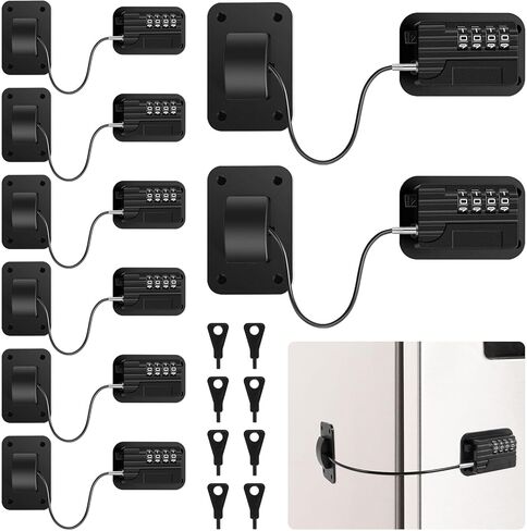 4 Pack Refrigerator Lock, Heavy Duty Refrigerator Locks Kit with Password, Drill-Free Childproof Cabinet Fridge Locks, Safety Freezer Combination Lock for Refrigerator Cabinets Drawers Window, Black in Saudi Arabia