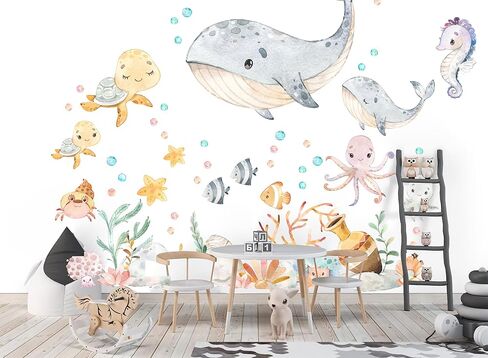 ملصق حائط بألوان مائية من Ocean Babies - مخلوقات بحرية مرحة، فن قماش قابل للتقشير واللصق قابل لإعادة الاستخدام لغرفة البنات، والحضانة، وديكور بطابع المحيط للأطفال in Saudi Arabia