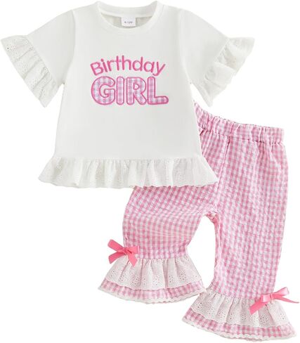 Easter Baby Girl Outfit Bunny Short Sleeve Tops Plaid Bell Bottoms Flared Pants Set Toddler Summer Clothes in Saudi Arabia