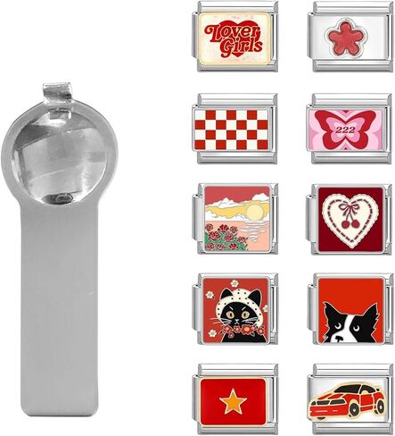 papasgix Italian Charm Bracelet Charms Silver Pack Links Bulk with Opening Tool 9mm Italian Charms 10 Red Italian Modular Bracelet Links Handmade DIY Jewelry Car Cat Dog in Saudi Arabia