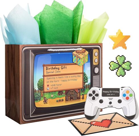 Crisky Large Pixel Birthday Bags for Kids with Greeting Card, Tissue Papers, Video Game Level Up Boys Birthday Gift Bag for Teens Girls Men Women Gamer Party Decorations in Saudi Arabia