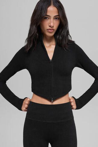 Alo Yoga Seamless Two Tone Rib Jacket - Black in Saudi Arabia