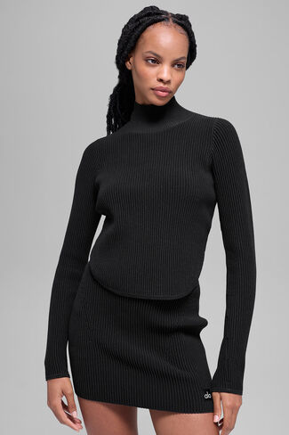 Alo Yoga Denim Knit بأكمام طويلة بدون ظهر - أسود/أنثراسايت in Kuwait