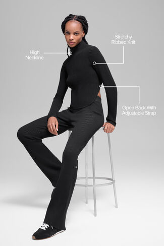 Alo Yoga Denim Knit بأكمام طويلة بدون ظهر - أسود/أنثراسايت in Kuwait