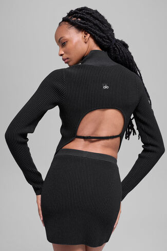 Alo Yoga Denim Knit بأكمام طويلة بدون ظهر - أسود/أنثراسايت in Kuwait
