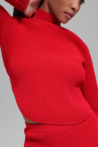 Alo Yoga Denim Knit كم طويل بدون ظهر - أحمر ساطع in Kuwait