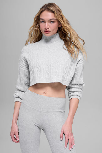 Alo Yoga Cable Knit Cropped Winter Bliss المدورة بأكمام طويلة - رمادي رياضي منقط in Kuwait