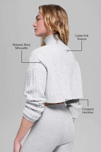 Alo Yoga Cable Knit Cropped Winter Bliss المدورة بأكمام طويلة - رمادي رياضي منقط in Kuwait
