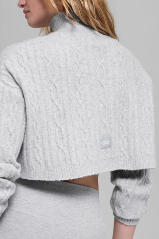 Alo Yoga Cable Knit Cropped Winter Bliss المدورة بأكمام طويلة - رمادي رياضي منقط in Kuwait