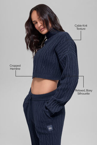 Alo Yoga Cable Knit Cropped Winter Bliss Turtleneck Long Sleeve - Navy in Saudi Arabia