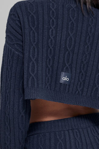 Alo Yoga Cable Knit Cropped Winter Bliss Turtleneck Long Sleeve - Navy in Saudi Arabia